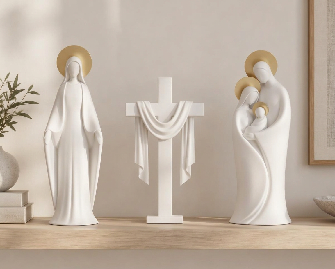 Ilustração de Nossa Senhora, Cruz com manto e Sagrada Família minimalistas em branco fosco