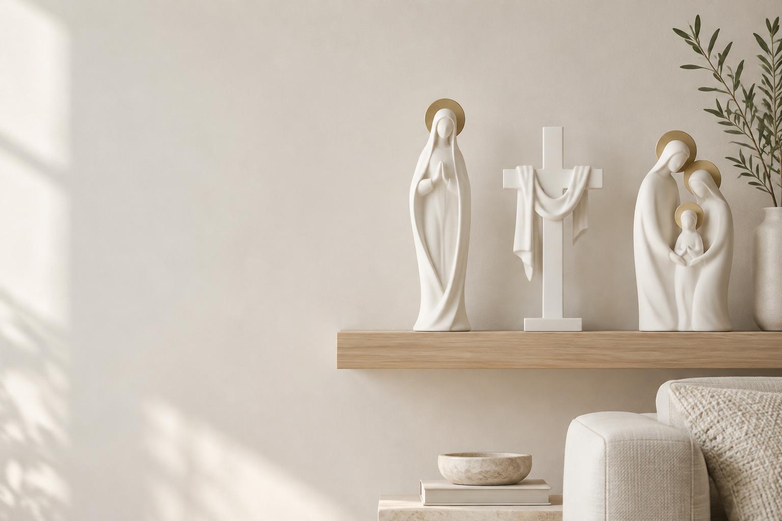 Ilustração de imagens sacras minimalistas brancas com auréolas douradas em estante clara de sala moderna